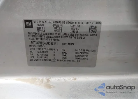 2014 GMC Sierra 1500 Slt из США, поврежденный, VIN 3GTU2VEC4EG392141